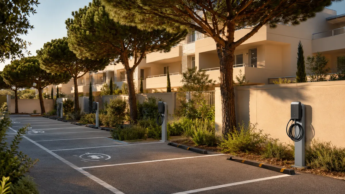 Parking extérieur commun d'une résidence collective ombragé par des pins parasols, bornes de recharge murales et sur pied le long des places de stationnement