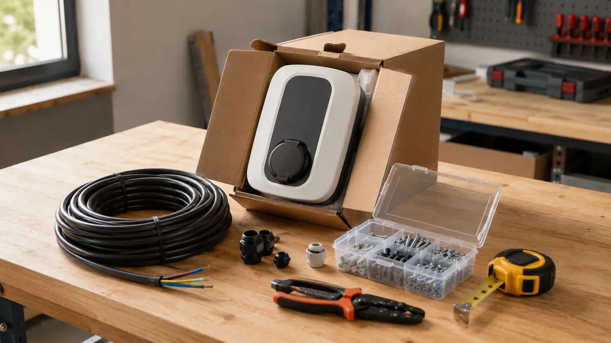 Nature morte du matériel nécessaire à l'installation d'une borne de recharge : borne murale neuve, câble électrique, visserie et outils sur un établi en bois clair