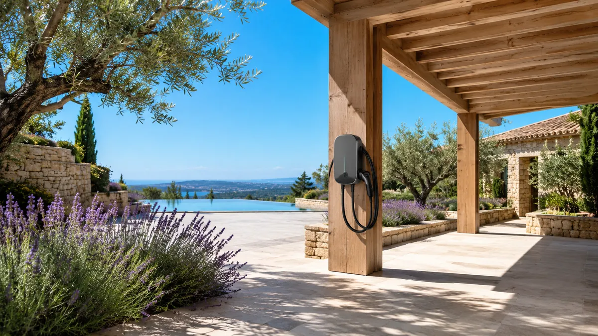Jardin résidentiel méditerranéen avec carport en bois clair abritant une borne de recharge murale, piscine à débordement en arrière-plan